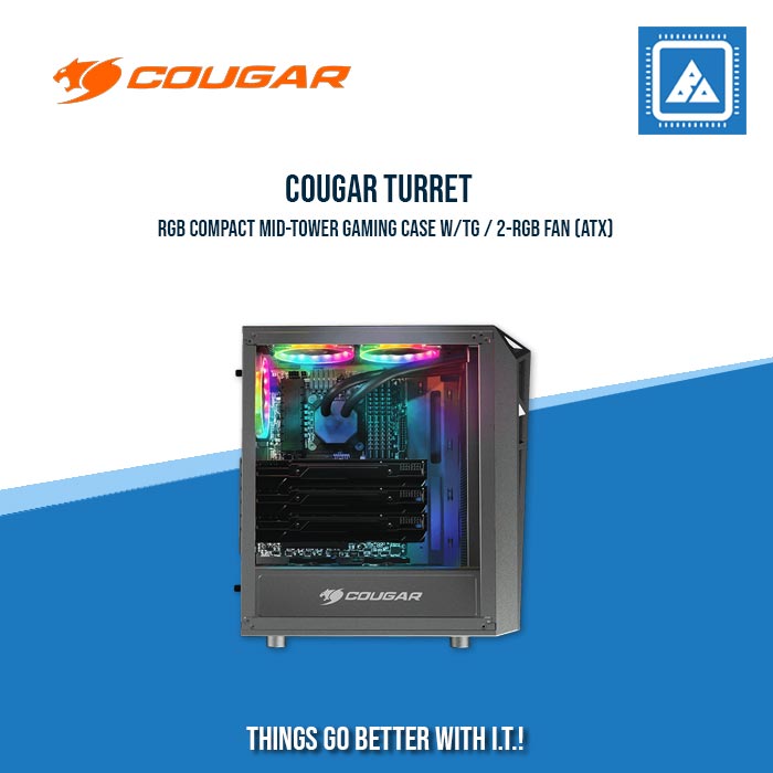 COUGAR TURRET RGB BLACK ATX MID TOWER PRO-COOLING COMPACT GAMING CASE WITH TEMPERED GLASS SIDE WINDOW COUGAR TURRET RGB BLACK ATX MID TOWER PRO-COOLING COMPACT GAMING CASE WITH TEMPERED GLASS SIDE WINDOW